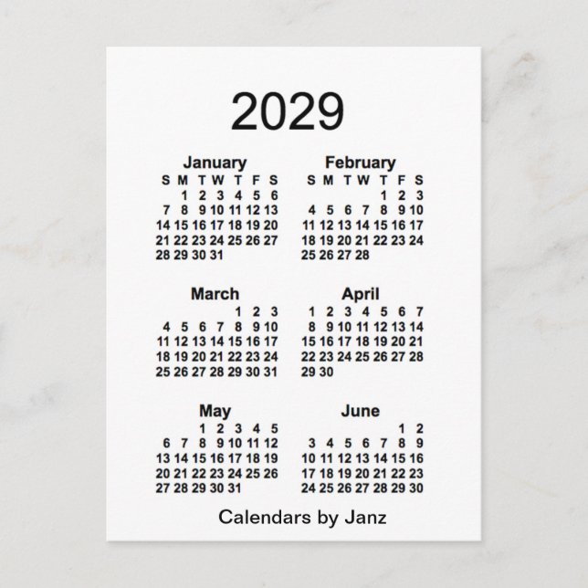 Cartão Postal Mini calendário de 6 meses branco 2029 por Janz (Frente)