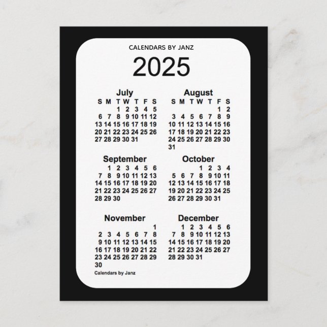 Cartão Postal Mini calendário de 6 meses preto 2025 por Janz (Frente)