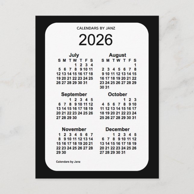 Cartão Postal Mini calendário de 6 meses preto 2026 por Janz (Frente)