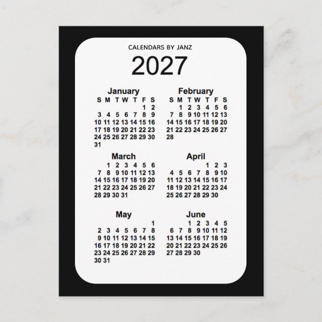 Cartão Postal Mini calendário de 6 meses preto 2027 por Janz (Frente)