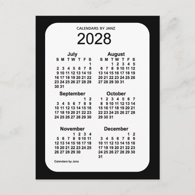 Cartão Postal Mini calendário de 6 meses preto 2028 por Janz (Frente)