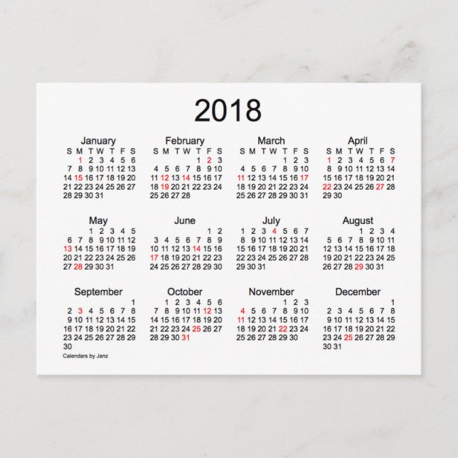 Cartão Postal Mini calendário de férias 2018 por Janz (Frente)