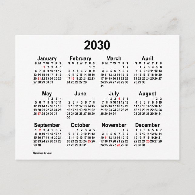 Cartão Postal Mini calendário de férias brancas 2030 por Janz (Frente)