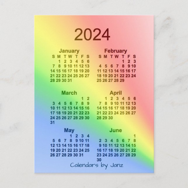 Cartão Postal Mini calendário do Rainbow 2024 de 6 meses por Jan (Frente)