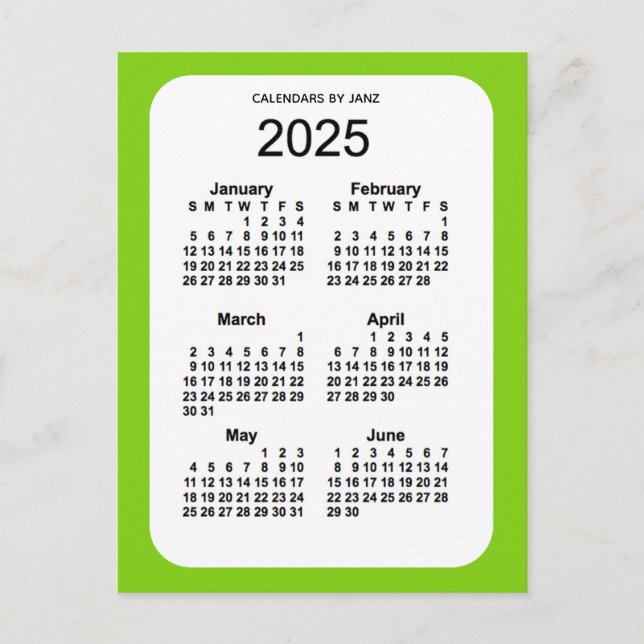 Cartão Postal Mini calendário verde amarelo 2025, 6 meses, por J (Frente)