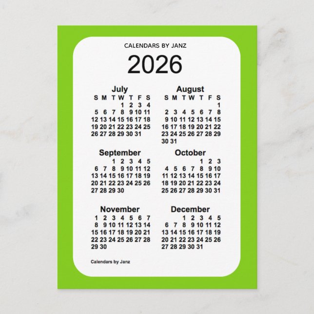 Cartão Postal Mini calendário verde amarelo 2026, 6 meses, por J (Frente)