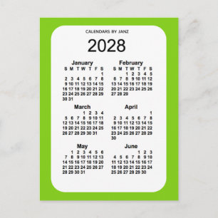 Cartão Postal Mini calendário verde amarelo 2028, 6 meses, por J