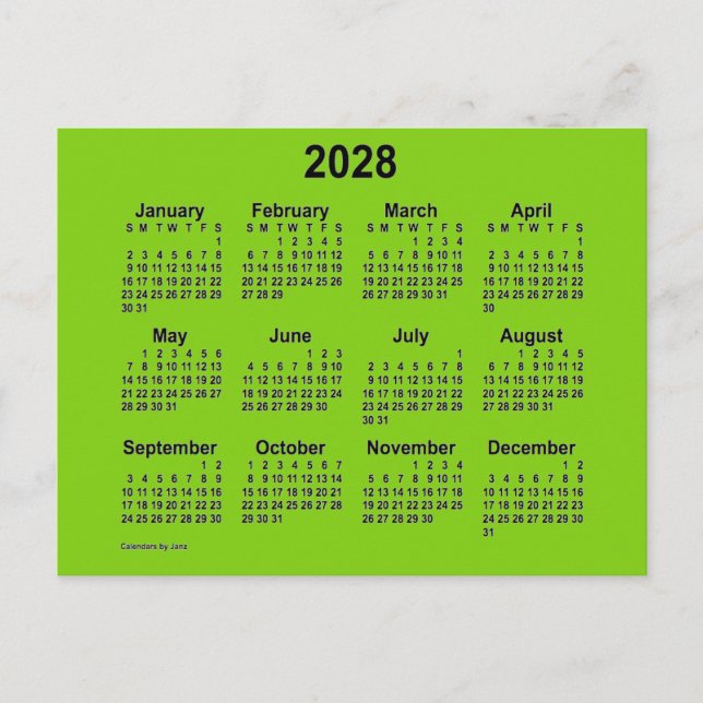 Cartão Postal Mini calendário verde amarelo de 2028 por Janz (Frente)