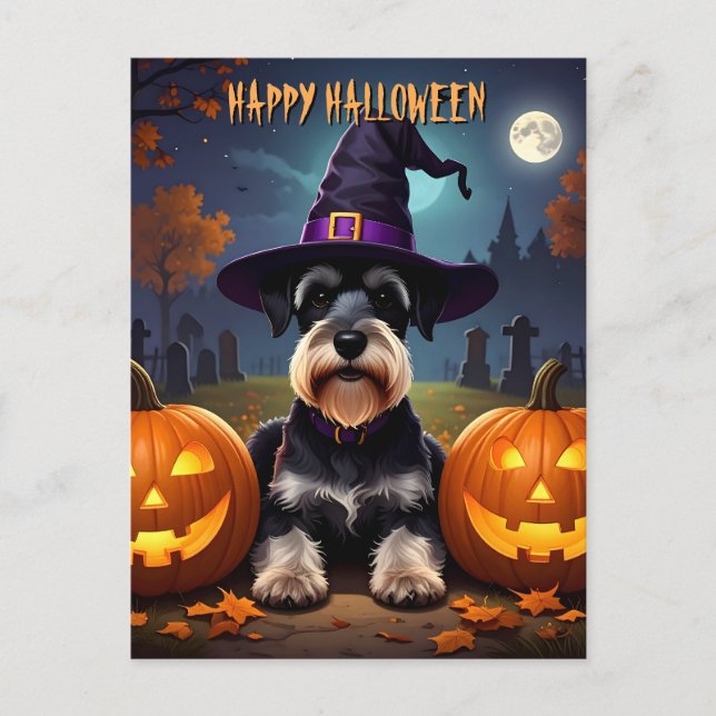 Cartão Postal Miniatura Schnauzer Halloween (Frente)