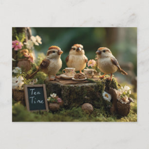 Cartão Postal Miniaturas de Pássaros Figurativos Tendo um Chá na