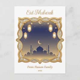 Cartão Postal Minimal Azul e Dourado Mesquita Silhueta Eid Mubar