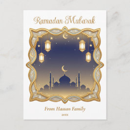 Cartão Postal Minimal Mesquita Azul e Dourada Ramadan Mubarak
