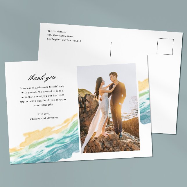 Cartão Postal Minimalist Beach Photo Wedding Thank You Postcard (Criador carregado)