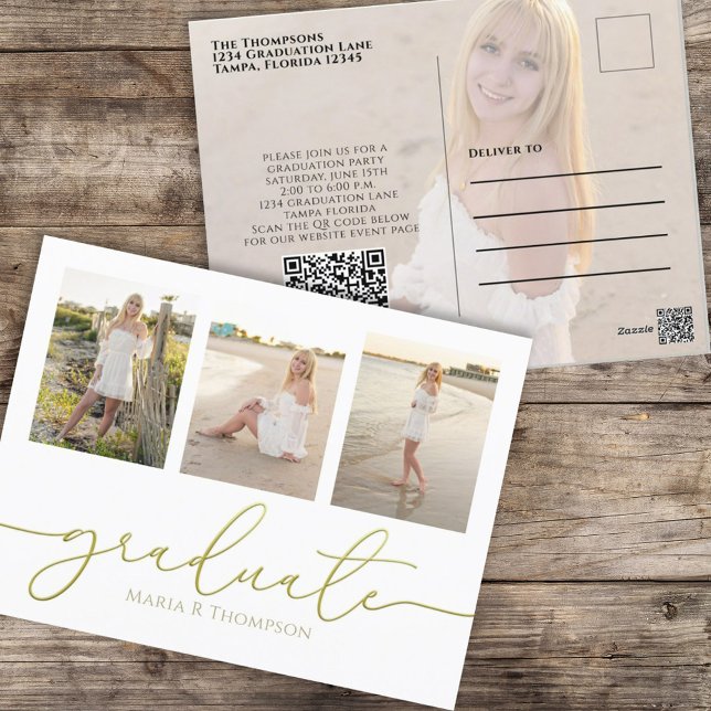 Cartão Postal Minimalist Graduate Gold Modern Simple QR Code (Criador carregado)