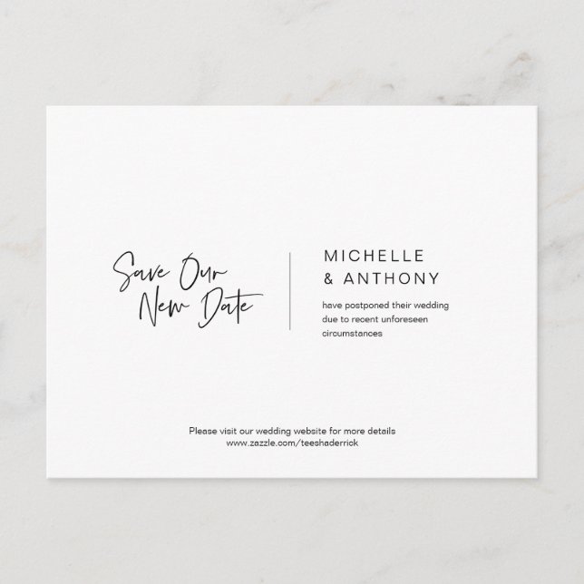 Cartão Postal Mínimo Casual, Salve nossa nova data, adiada (Frente)