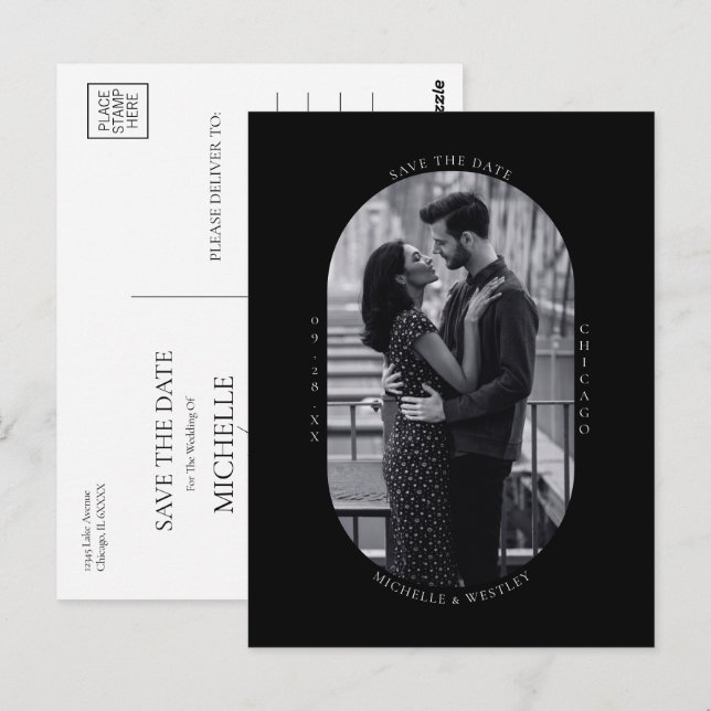 Cartão Postal Mínimo de Foto de Casamento Preto e Branco Salvar  (Frente/Verso)