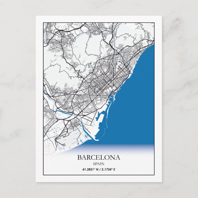 Cartão Postal Mínimo Simples de Mapa de Cidade Espanha de Barcel (Frente)