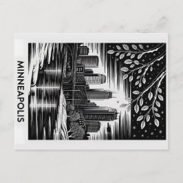 Cartão Postal Minneapolis Skyline Black and White Woodcut Winter