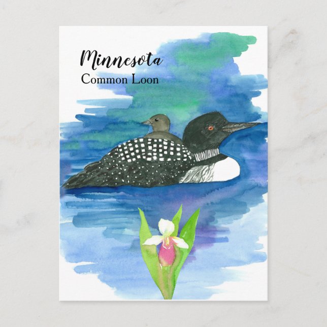 Cartão Postal Minnesota Common Loon Watercolor Lake (Frente)