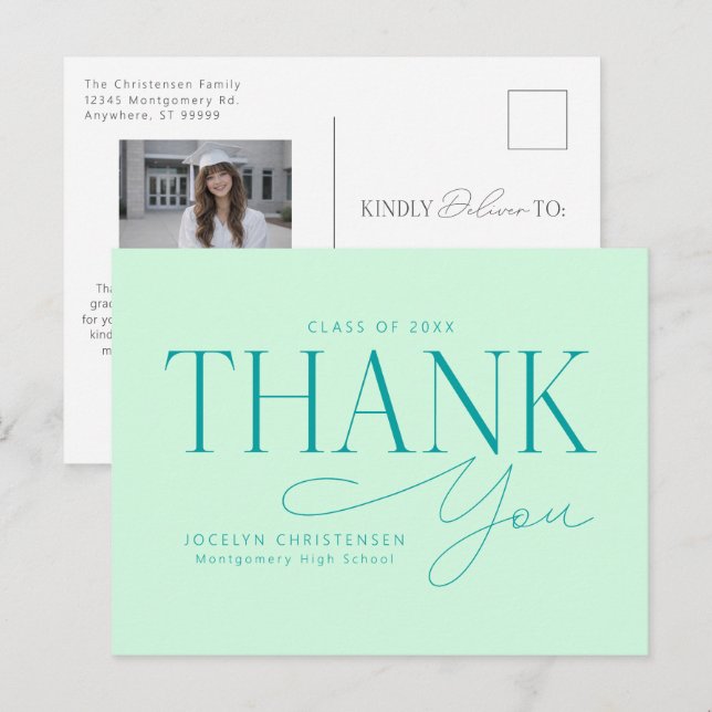 Cartão Postal Mint Green Modern Photo Graduation Thank You (Frente/Verso)