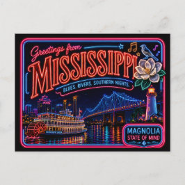 Cartão Postal Mississippi Neon Estado Retro Vintage