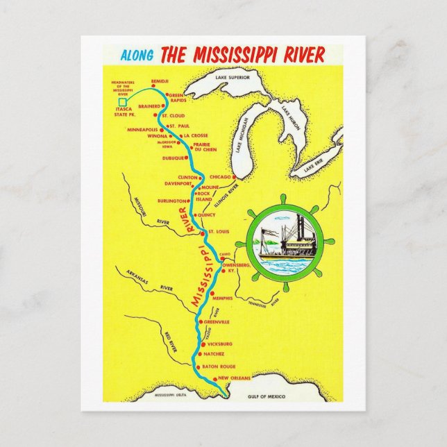 Cartão Postal Mississippi River Map Vintage Postcard (Frente)