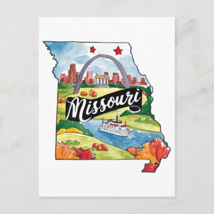 Cartão Postal Missouri EUA Estado em forma de aquarela vintage