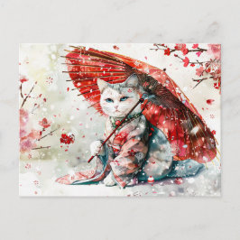 Cartão Postal Misterioso Gato Geisha com Parasol Vermelho