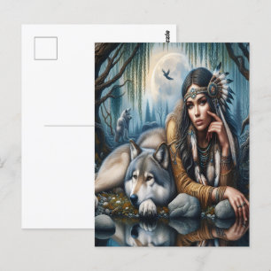 Cartão Postal Mística Uma Mulher Nativa Americana Com Lobos