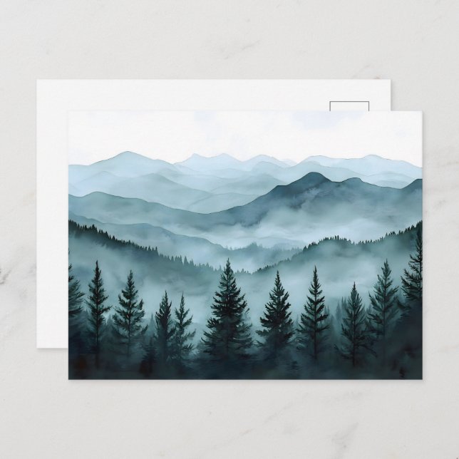 Cartão Postal Misty Mountain Range Watercolor (Frente/Verso)