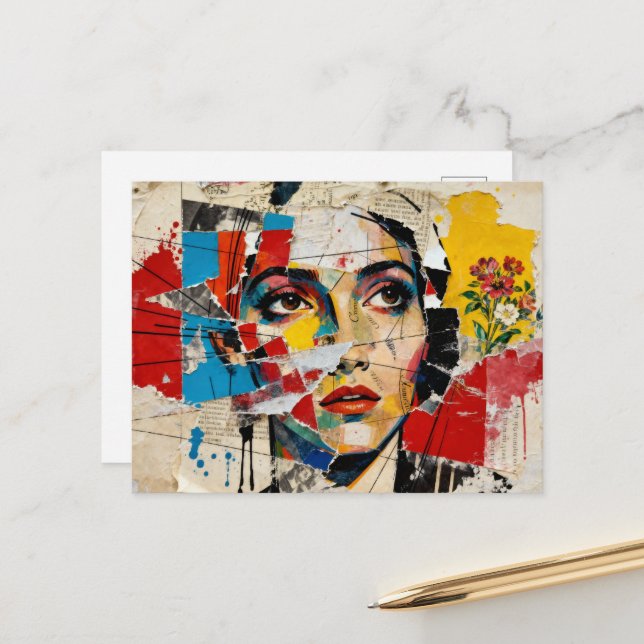 Cartão Postal Mixed media Face and flowers Collage (Frente/Verso In Situ)