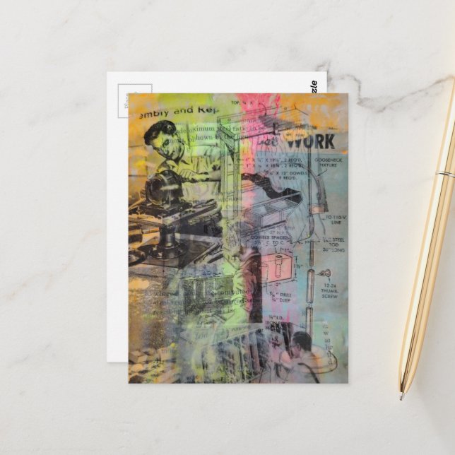 Cartão Postal Mixed Media Retro Hobbies Woodworking Men (Frente/Verso In Situ)