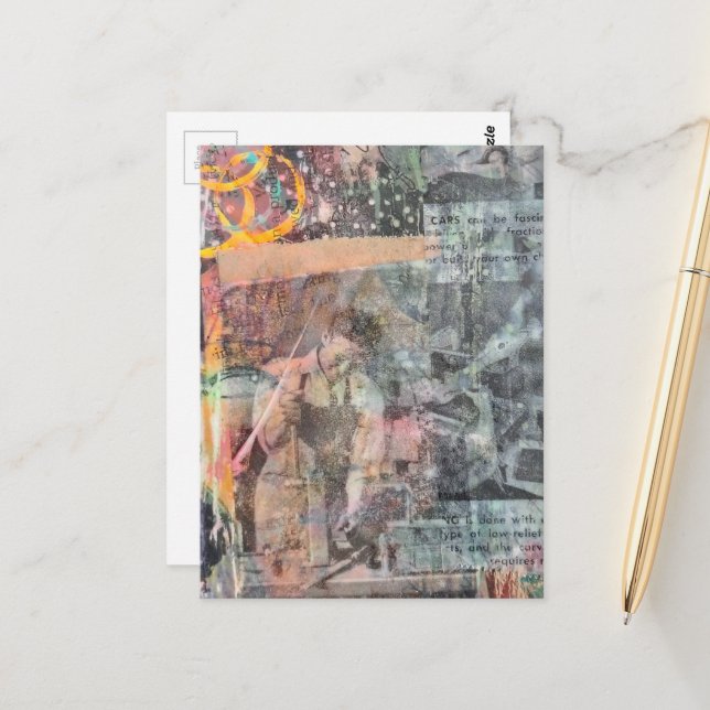 Cartão Postal Mixed Media Retro Woodworking Collage (Frente/Verso In Situ)