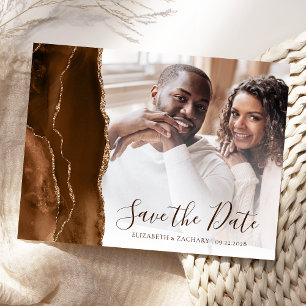 Cartão Postal Mocha Brown Dourado Agate Foto para Salvar a Data