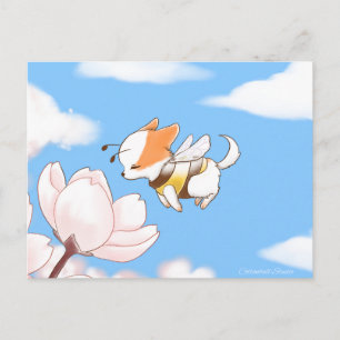 Cartão Postal Mochi Bee Cute Puppy Cheirando as flores Sakura