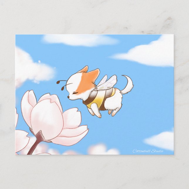 Cartão Postal Mochi Bee Cute Puppy Cheirando as flores Sakura (Frente)