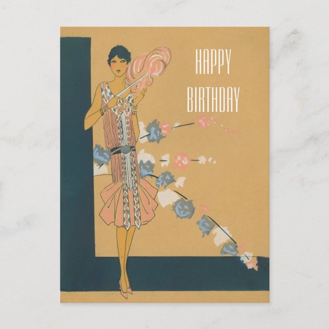 Cartão Postal Moda e Penas Retro-Rosa (Frente)