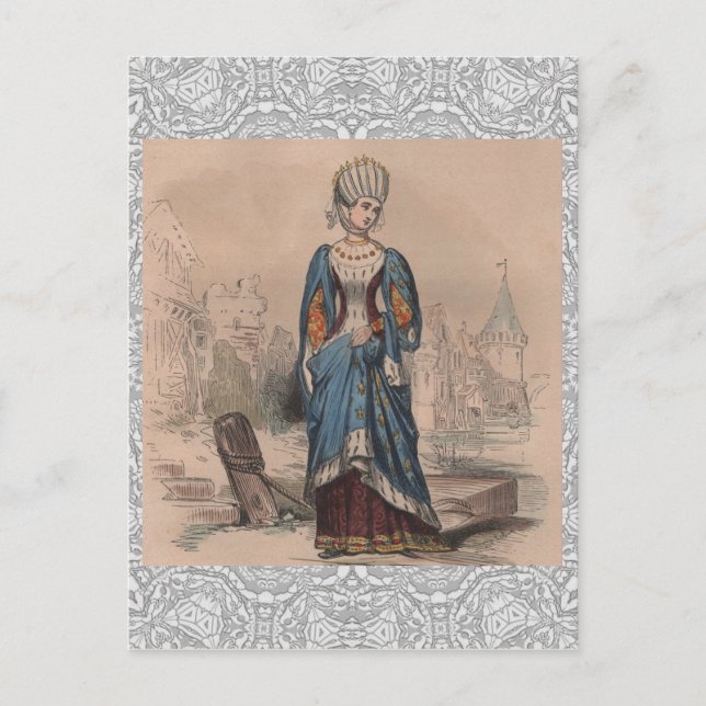 Cartão Postal Moda francesa medieval traje nobre senhora renda (Frente)