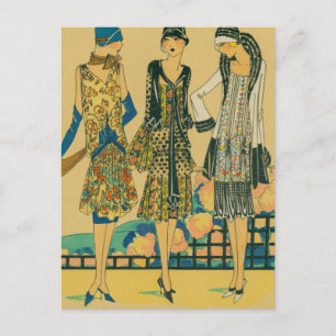 Cartão Postal Moda Francesa - Vestidos Coloridos de Cidade