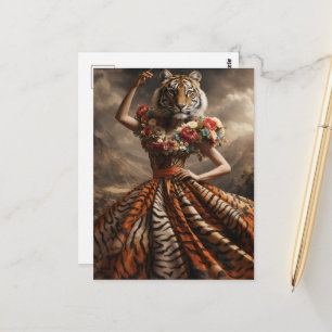 Cartão Postal Moda Surrealista Senhora Tigre em um Vestido