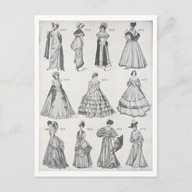 Cartão Postal Modas femininas da década de 1800 (Frente)