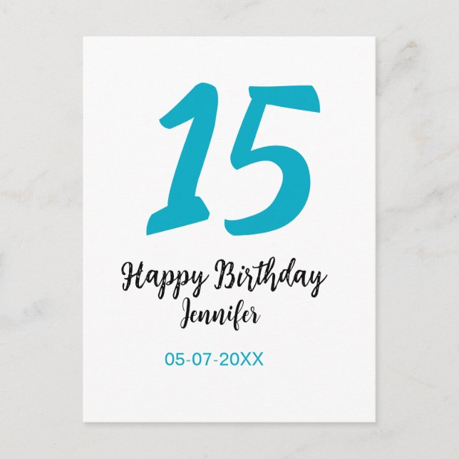 Cartão Postal modelo azul de 15 anos quiencenera adicionar data  (Frente)