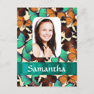 Cartão Postal Modelo de foto de padrão de borboleta verde