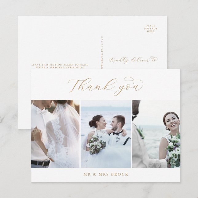 Cartão Postal Modelo de Fotografia Elegante Dourado Script 3 Obr (Frente/Verso)