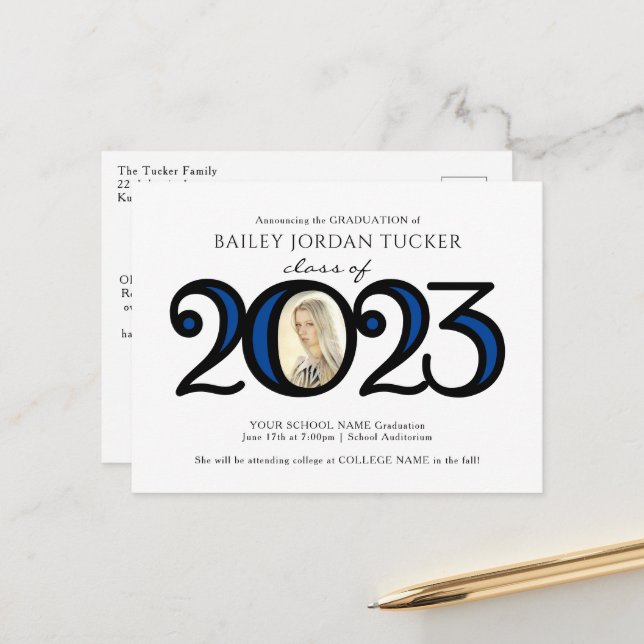 Cartão Postal Modern 2022 Photo Blue Graduation Announcement (Frente/Verso In Situ)