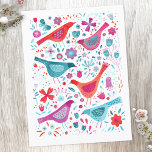 Cartão Postal Modern Bird Floral Watercolor<br><div class="desc">Pássaros aquosos modernos e contemporâneos e padrão de flores em verde-lacrimogêneo,  rosa magenta e vermelho sobre fundo branco. Arte original de Nic Squirrell.</div>