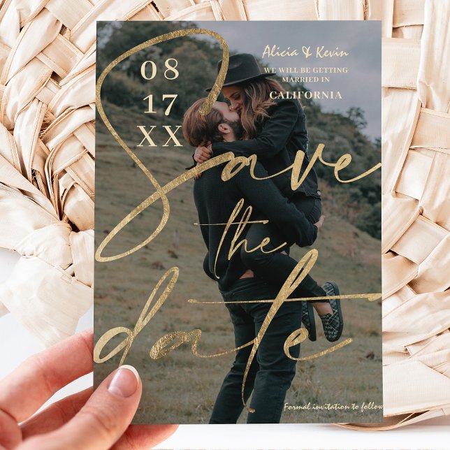 Cartão Postal Modern bold gold foil script save the date photo (Criador carregado)