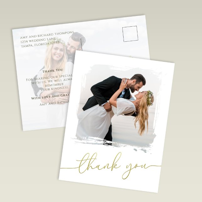 Cartão Postal Modern Brush Photo Gold Script Wedding Thank You (Modern wedding thank you card with brush photo overlay and gold script design)