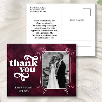 Cartão Postal Modern Burgundy Wedding Thank You Photo