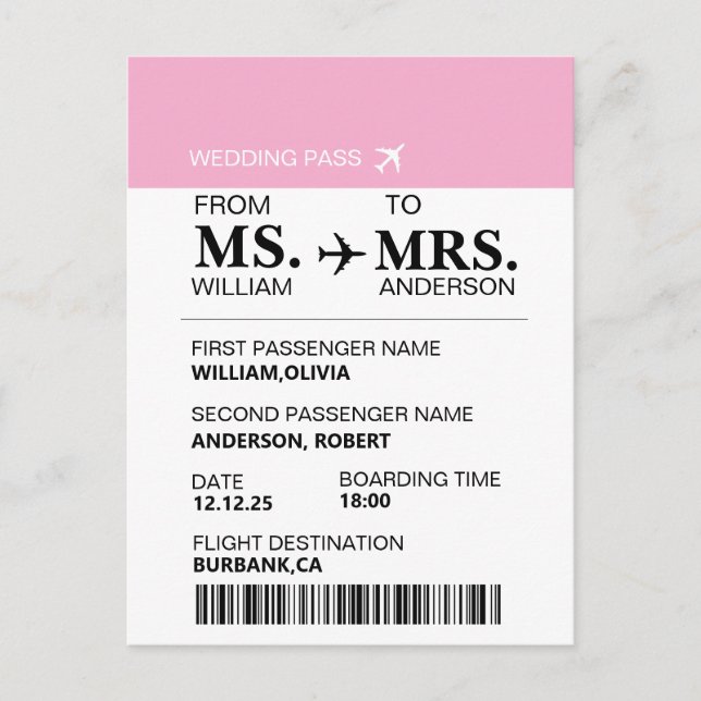 Cartão Postal Modern Elegant Custom Bride To Be Boarding Pass (Frente)